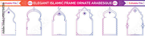 Ramadan ornament set with golden arch frames in various traditional styles. Islamic geometric patterns in decorative windows for holiday greeting cards and cultural event backgrounds on deep blue.