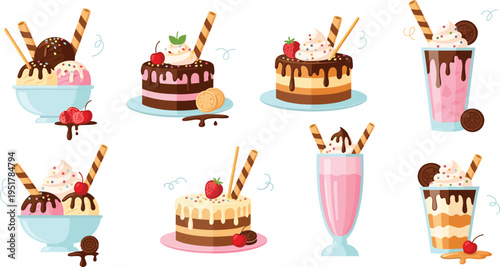 Sweet Dessert Collection with Ice Cream, Cakes, Milkshakes and Chocolate Toppings, Colorful Confectionery Set for Bakery Menu and Food Design Illustration