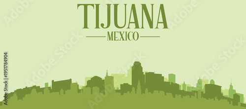 Quadro su tela Green panoramic poster of the city skyline with solid background buildings on a