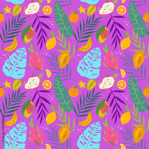 Seamless tropical fruit pattern with dragon fruit, papaya, and exotic leaves on purple background