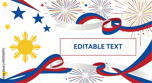 Patriotic celebration background with fireworks ribbons and editable text for independence day or national holiday