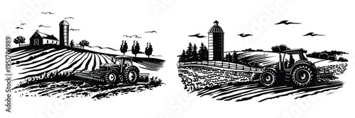 Black and white tractor with cultivator in rural farm field vector illustration
