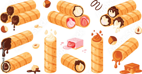 Sweet Wafer Roll Dessert Illustration Set with Chocolate, Cream and Fruit Fillings, Crispy Snack Collection for Bakery and Confectionery Design