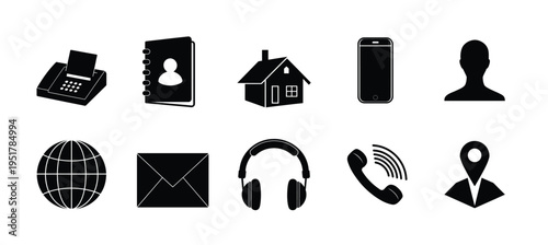 Contact and customer support silhouette icon set featuring phone email and location symbols for business communication vector illustration or editable stroke