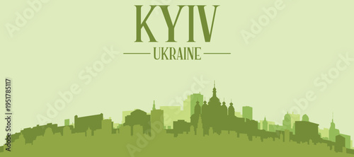 Green panoramic poster of the city skyline with solid background buildings on a hilly terrain of KYIV, UKRAINE
