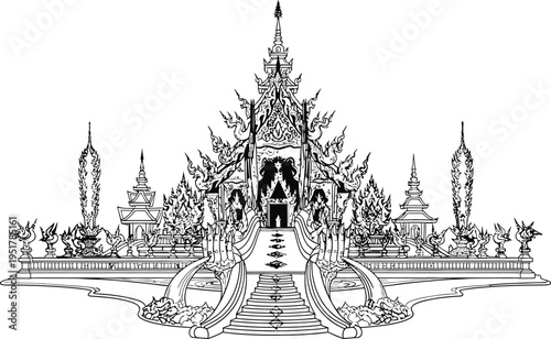Wat Rong Khun  vector black and white on white background