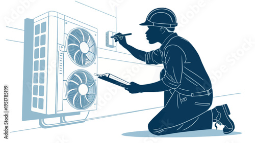 A technician in a hard hat inspects an air conditioning unit with a clipboard and pen.