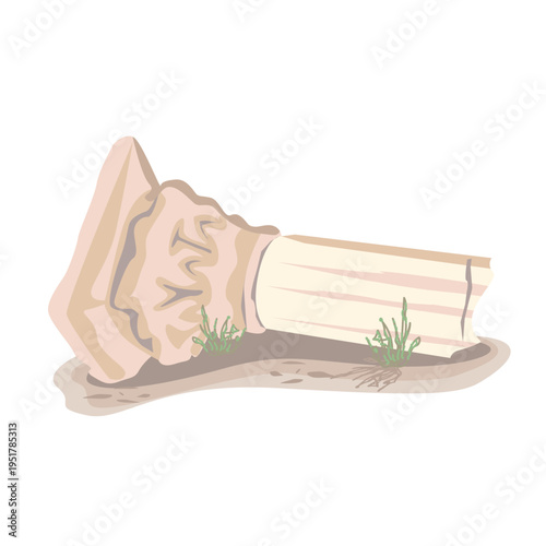 Detail of a ruined marble column from the ruins of an ancient temple. Symbol of tourism and recreation. Hand-drawn vector illustration of ancient architecture.