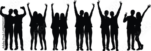 People, silhouette, celebrating, friend, group, couple, success, happy, together, selfie, peace, sign, happiness, joy, community, social, youth, isolated, vector, background,