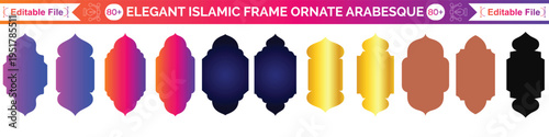 Ramadan ornament set with golden arch frames in various traditional styles. Islamic geometric patterns in decorative windows for holiday greeting cards and cultural event backgrounds on deep blue.