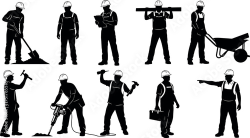 Construction worker silhouettes set with tools and actions, builder vector collection, industrial labor poses, engineering workforce illustrations, black isolated design elements