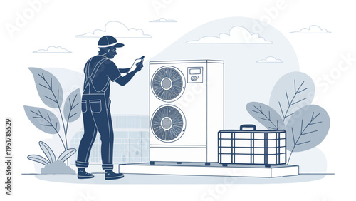 A technician in a uniform is inspecting an air conditioning unit with a smartphone in hand.