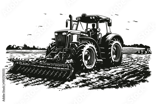 Farm tractor with cultivator tillage close up black white bold sketch illustration birds flying
