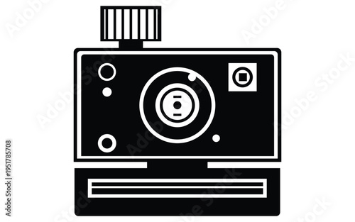 Retro camera icon in black and white with lens and flash on top