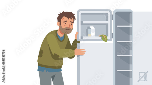 A destitute individual gazes into an empty refrigerator, feeling sorrow and hunger, while the fridge shelves hold nothing to eat; this illustrates the concepts of food crisis, poverty, scarcity