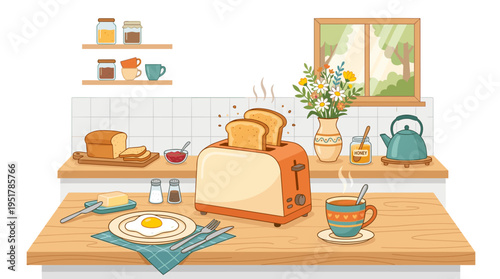 Making toast in a toaster for breakfast, the cozy kitchen features a vase of flowers, a tea cup, and various kitchenware on the table, all depicted in a flat vector illustration
