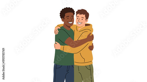 Two best friends, both men, embrace each other in a joyful hug, depicted as young, smiling, interracial bros in a flat vector portrait on a white background