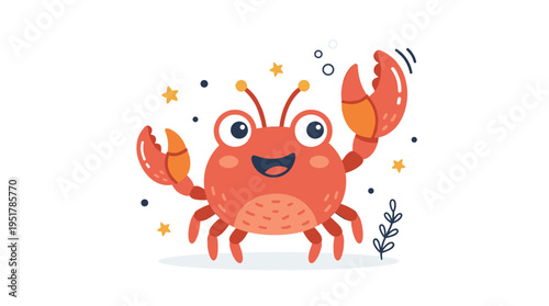 A charming and humorous crab, a joyful sea creature with claws, an endearing Scandinavian baby character—a comic, smiling crayfish—depicted as a shellfish, presented as a childlike Scandinavian flat