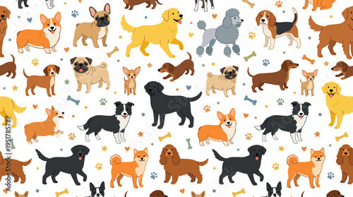 A continuous pattern featuring companion dogs of various breeds against a white backdrop, showcasing humorous purebred pets of multiple types in a flat cartoon vector style suitable for wallpaper and