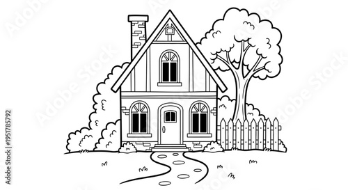 A black and white drawing of a charming house with a triangular roof