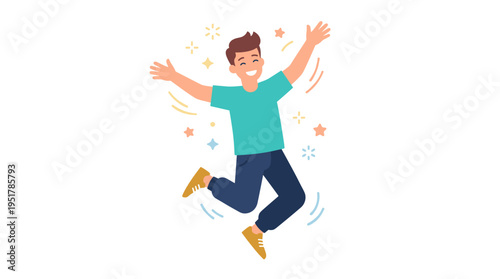 A cheerful, energetic young man leaps with delight, exuding a vibrant, positive spirit. The lively male figure radiates enthusiasm and joy, captured in a flat vector illustration set against a white