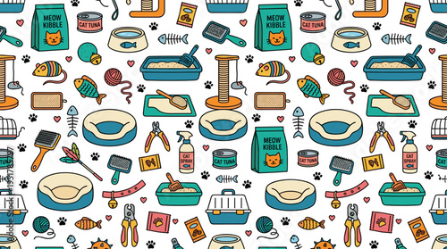 A continuous pattern featuring cat-friendly pet shop items set against a white backdrop, rendered in vibrant modern line art suitable for textiles, wrapping paper, wallpaper, and backdrops