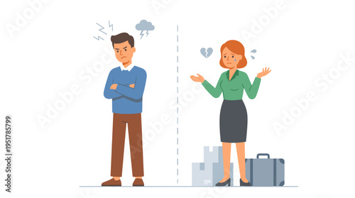 A flat vector illustration depicts a family breakup, showing a husband and wife in a cartoon argument, their offense leading to separation, as the spouses teeter on the edge of divorce amid