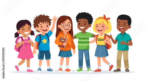 Playful, delighted kids or a single student set against a white backdrop. Cheerful schoolboys and schoolgirls or teens, classmates or friends standing side by side. Bright, flat cartoon illustration