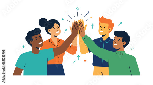 A team shares a high five, using hand gestures to greet and support each other, symbolizing togetherness, solidarity, and connection, while illustrating the concept of cooperation and collaboration