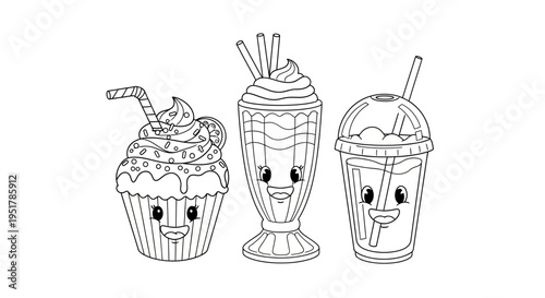 Cartoon illustration of three smiling milkshakes with straws