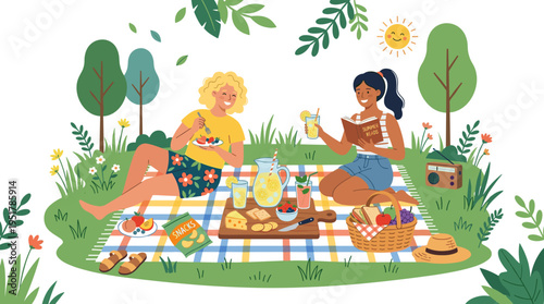 A picnic vibe on a summer holiday card: food, snacks, and lemonade in a jug on a blanket, relaxing while eating on grass in the park, enjoying nature with a cocktail, fruit, cheese, and a book, all