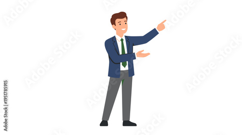 A businessman points upward and to the side, smiling as he demonstrates a finger gesture, while an employee showcases and promotes a product in a flat vector illustration set against a white