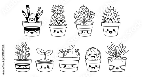 A collection of whimsical potted plants with smiling pots