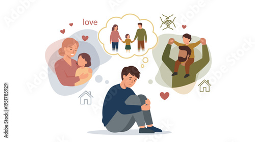 A person grieving the loss of their deceased parents, recalling their mother and father’s love and support, illustrated as a flat vector graphic on a white background