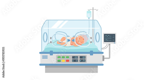 A newborn infant lies within a neonatal intensive care unit, isolated against a white background, while a premature child sleeps in a glass incubator, creating a baby nursery scene illustrated as a