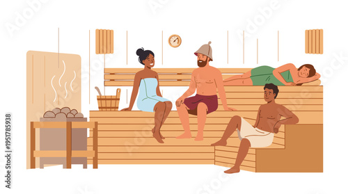 A flat vector illustration shows a group of people unwinding in a public sauna or banya, with a man and a woman seated and lying on benches in an isolated steam room, while friends wrapped in towels
