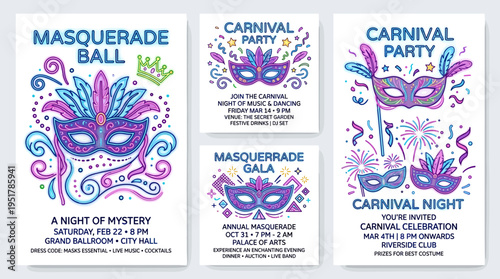 A set of poster, flyer, or invitation templates for masquerade balls, carnivals, or parties featuring festive masks and decorations illustrated with glowing neon lines in a linear vector style