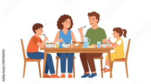 A joyful family enjoys dinner at the table, with parents and children seated and eating together; the mother, father, boy, and girl chat over lunch in a flat vector illustration set against a white
