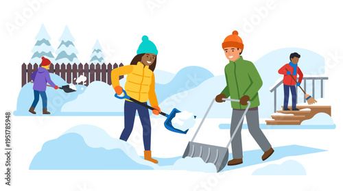 A vibrant group of people clears snow from a yard in a flat vector illustration, with an energetic man and woman shoveling together outdoors