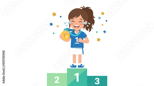 Joyful champion clutching a gold medal, the award for first place. The girl celebrates, shedding tears of happiness. A triumph in sports, marked by achievement and leadership. A flat vector
