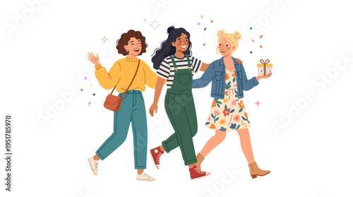 Joyful female companions heading out. Thrilled, youthful girls strolling side by side to depart. Lighthearted, merry women exuding a festive spirit. A flat vector drawing set against a white backdrop
