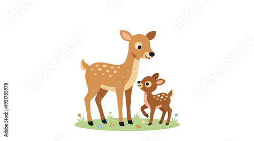 A charming family of spotted deer, featuring a mother and her baby bambi, alongside an adult reindeer and a young animal, depicted as dotted fawns with a lovely parent and child in a colorful flat