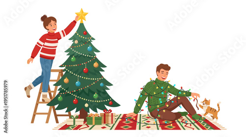 A joyful pair is decorating a Christmas tree in a flat vector illustration; the woman places a star on the spruce's peak while the man, garland-clad, plays with a cat, all in preparation for the