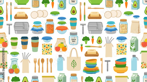Flat vector illustration of various zero‑waste care items, foods, and dishes. A colorful seamless pattern of durable, reusable goods. Eco‑friendly accessories, vegan meals, and ecological products