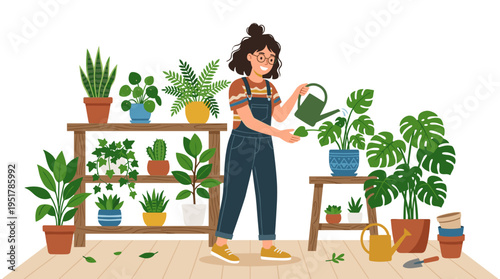 A flat vector illustration of a woman watering houseplants, showing a young lady cartoon character caring for potted plants, a hipster girl with a watering can, an amateur horticulture expert, and