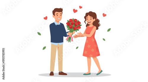 A man hands a bouquet of roses to a female vector illustration, expressing love as he gifts it, while a beautiful woman accepts the present alone, and the couple smiles together with roses during a