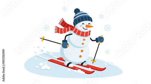 A playful snowman equipped with skis and poles, wearing a hat and scarf, stands as a cheerful winter figure ready for sports during the holiday season, depicted in a flat vector style on a white