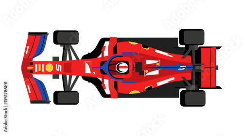 Top‑down view of a race car, a high‑speed vehicle used in professional motorsports, rendered as a flat vector illustration on a white background