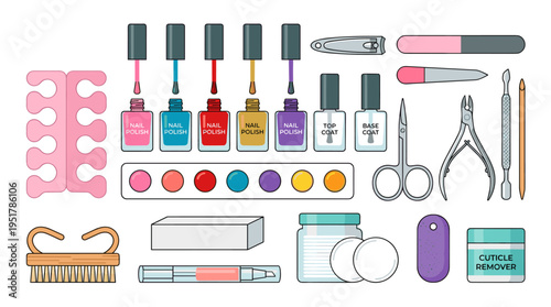 A set of manicure and pedicure tools including nail polish swatches, a toe separator, a varnish bottle, brushes, grooming accessories, and a beauty treatment kit, presented as a flat vector