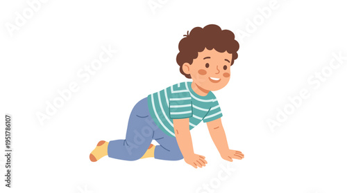 A toddler starts walking while trying to stand, a happy baby on hands and knees, a little child on all fours, a smiling boy, all depicted as a flat vector illustration of a cute kid on a white
